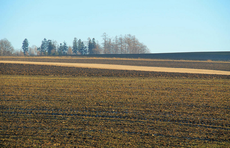 捷克共和国秋季有各种土壤和植物的深色和浅色条纹的犁田