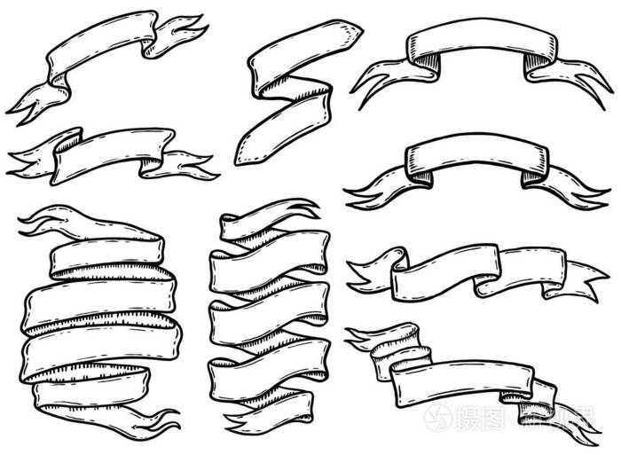 一套手绘丝带和横幅标志标签标志海报t恤设计元素矢量插图