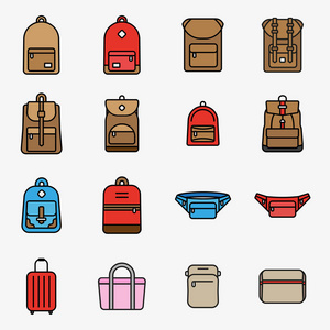 旅行袋和背包最小平线笔画图标象形文字符号插图集收藏