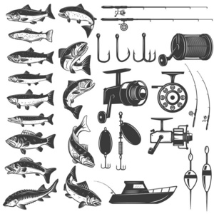 一组钓鱼图标。 鱼图标钓鱼竿。 标志标签标志的设计元素。 矢量插图