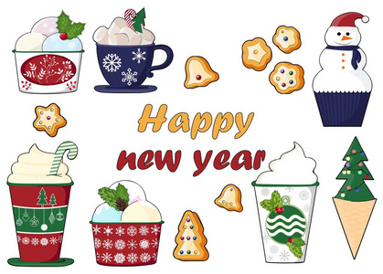 背景一套五颜六色的美味纸杯蛋糕，甜点，冰淇淋，圣诞节和新年装饰。扁平风格。 矢量。 新年贺卡的元素。 矢量插图