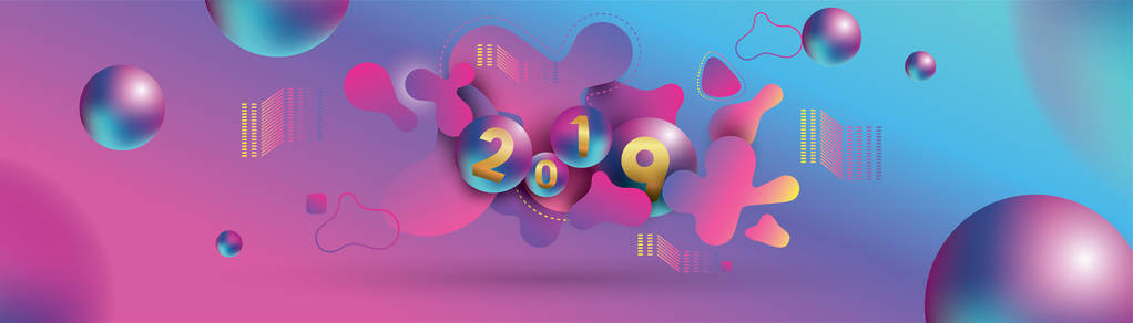 2019年新年快乐，有液体动态流体球和圣诞球或抽象球或气泡。 三维签名复制空间。 节日海报或横幅设计。 邀请函