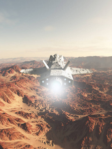 一艘宇宙飞船飞越火星般的红色沙漠星球，3D数字渲染插图