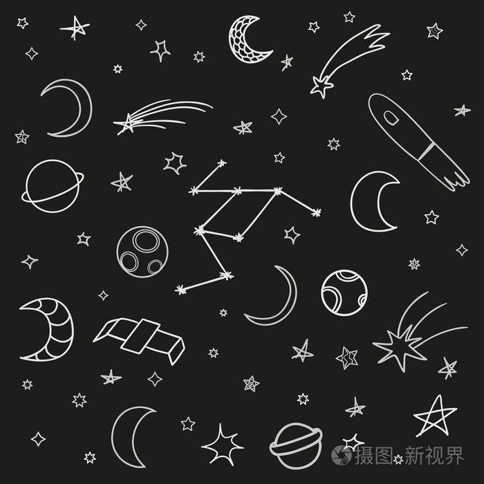 隔离背景上的宇宙元素收集黑色图案的涂鸦手绘简单的符号线条艺术一组