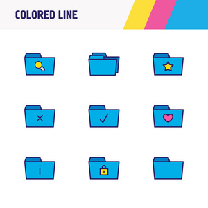 9个文件夹图标彩色线的矢量插图。可编辑的保护集选中的文件夹删除文件夹和其他图标元素