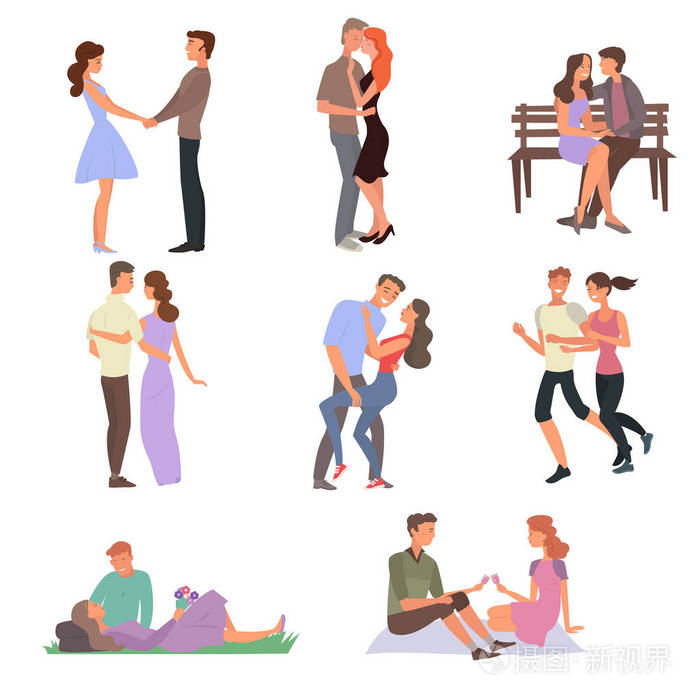 恋爱中的男孩和女孩互相散步约会拥抱亲吻喝酒散步美丽的年轻人恋爱中