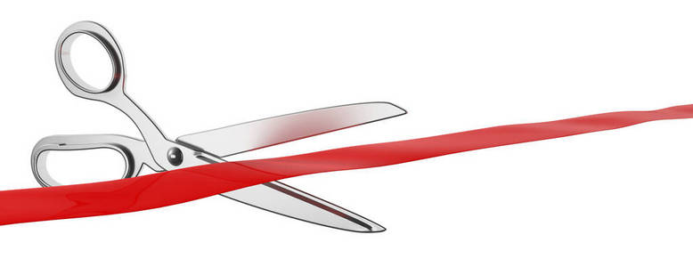 盛大的开业理念。 剪刀切割红色绸带隔离在白色背景横幅上。 三维插图