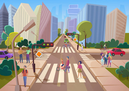 人群卡通人走在城市现代 cit 街道向量例证照片