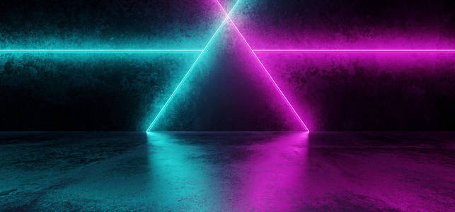 抽象科幻未来现代充满活力的霓虹灯，紫色，粉红色，蓝色，激光管灯，长，暗，空，纹理，混凝土隧道背景，3渲染插图。