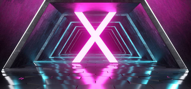 未来现代科幻六边形地板反射隧道走廊与辉光霓虹灯紫蓝光激光背景3渲染插图
