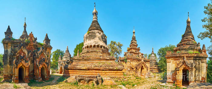 红砖曙光寺宝塔的全景，风景优美的神殿和佛塔保存自古代阿瓦因瓦缅甸。