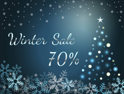 优雅的银色冬季刻字设计冬季销售70与闪亮和明亮的雪花在蓝色背景