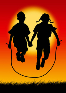 孩子们在红色背景图中跳绳照片