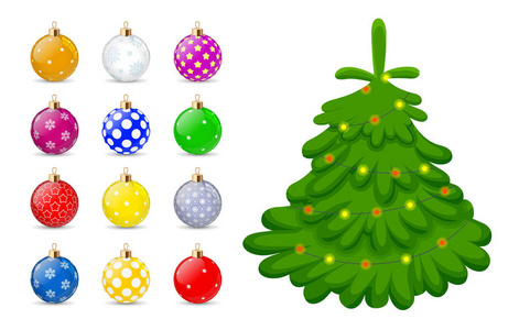 圣诞玩具为圣诞树查出在白色背景。杉木的节日圣诞玩具。向量例证