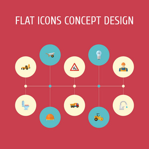 一套行业图标平面样式符号与工人标志, 头盔, 拖拉机反铲装载机和其他图标为您的网络移动应用程序标志设计