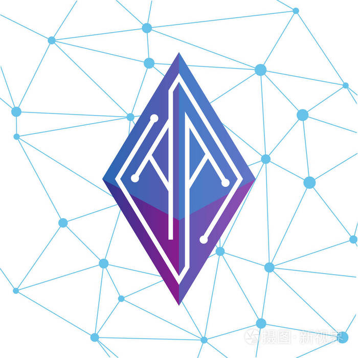 aa初始字母区块链标志图标矢量模板. 菱形立方体标志上的单线回路字母