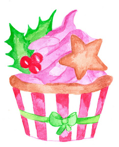 手绘水彩画粉色圣诞纸杯蛋糕配浆果和姜饼饼干