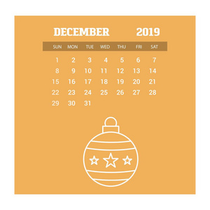2019年新年快乐12月日历模板。 圣诞节背景