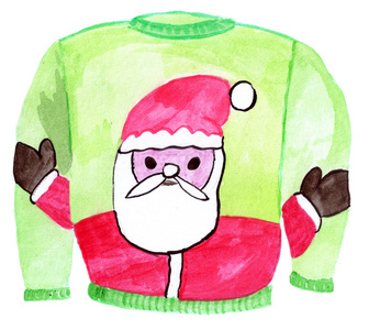 手绘水彩，丑陋的圣诞毛衣，圣诞老人，绿色