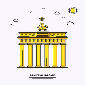 布兰登堡门纪念碑海报模板。 世界旅行黄色插图背景线风格与未来自然场景