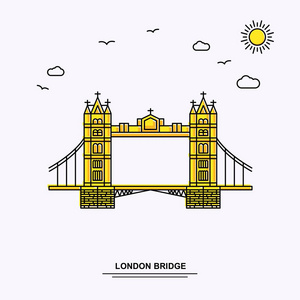 伦敦布里奇纪念碑海报模板。世界旅行黄色插图背景与线式与未来自然场景