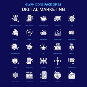 数字营销白色图标超过蓝色背景。25图标套装