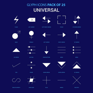 蓝色背景上的通用白色图标。25图标套装