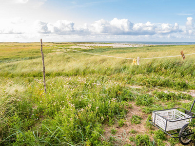 北海海岸沙丘景观与晾衣绳和手推车在弗里斯兰岛特舍尔荷兰