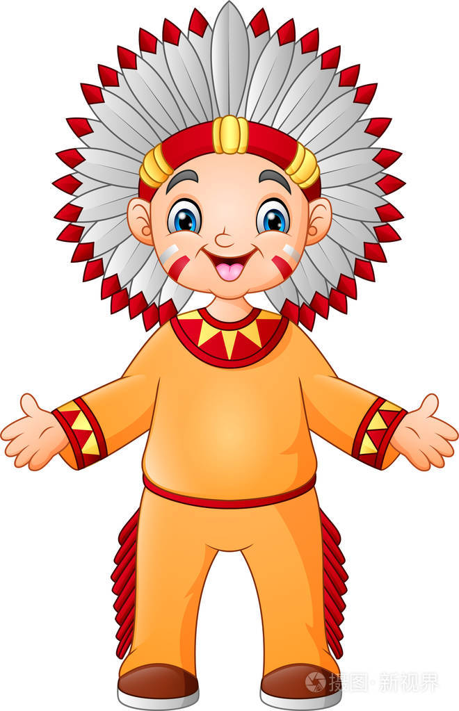 卡通男孩,美洲印第安人,传统服装