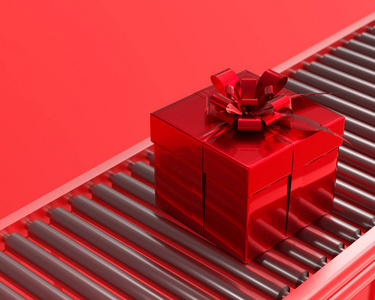 传送带滚筒上的红色礼品盒。 新年和圣诞节概念3D渲染