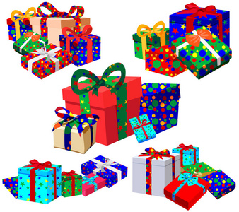 圣诞节礼物一套各种颜色和形状的礼物，五幅白色背景插图