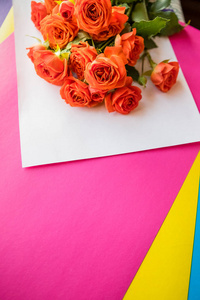 新鲜的大橙色玫瑰在五颜六色的明亮的背景纹理。情人节贺卡。生日快乐, 复制空间假日背景。庆祝理念