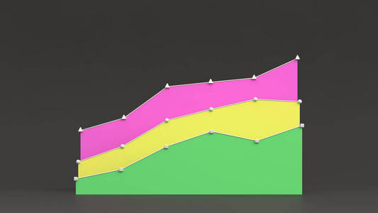 三个五颜六色的上升平线性图站在黑色背景上。 信息模型。 三维渲染图