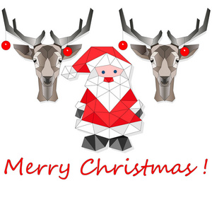 卡通圣诞矢量插图隔离在白色上。 有趣的快乐圣诞老人和鹿的角色。 用于圣诞卡横幅标签和标签。 poligonal。