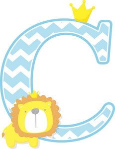 首字母c是可爱的小狮子王,白色背景上有金色的皇冠.