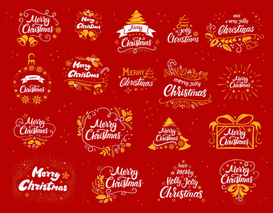 圣诞刻字设计套装。 矢量白色和黄色插图的海报T恤或明信片上的红色背景。 手写字体