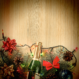 新年背景和圣诞节背景，香槟和圣诞装饰