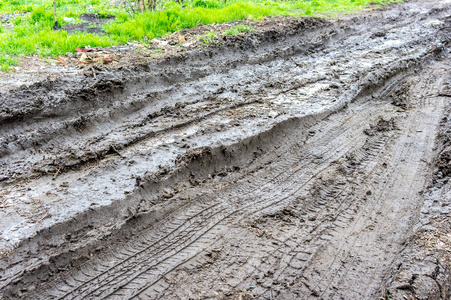 泥泞潮湿的路上有轮胎痕迹。