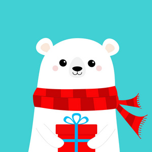 白色北极熊幼崽脸持有礼品盒礼物. 红领巾. 可爱的卡通婴儿角色.