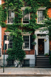 纽约曼哈顿格林威治村一栋常春藤覆盖的砖房