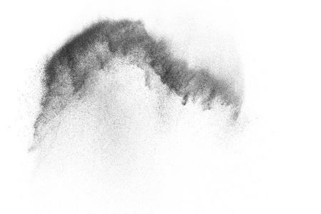 白色背景上分离的黑色粒子爆炸。 抽象灰尘覆盖纹理。