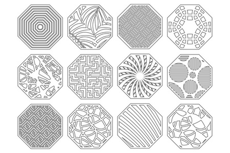 圆形镂空花纹设置用于切割的装饰圆卡.圆形抽象几何线性图案.