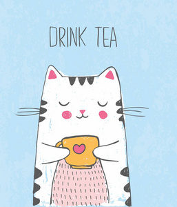 可爱的矢量手绘插图与素描猫与杯茶。 蓝色背景与刻字饮料茶。 用彩色蜡笔和钢笔画的图片。