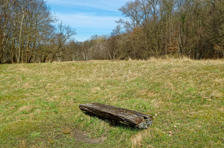 古老的乡村木凳在蓝天的田野上。 德国汉堡自然保护区