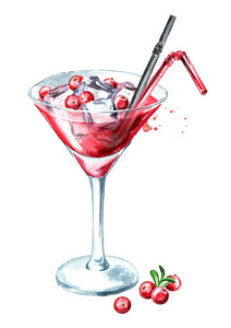 红色马提尼鸡尾酒,蔓越莓和冰块. 水彩画手绘插图分离白色背景照片