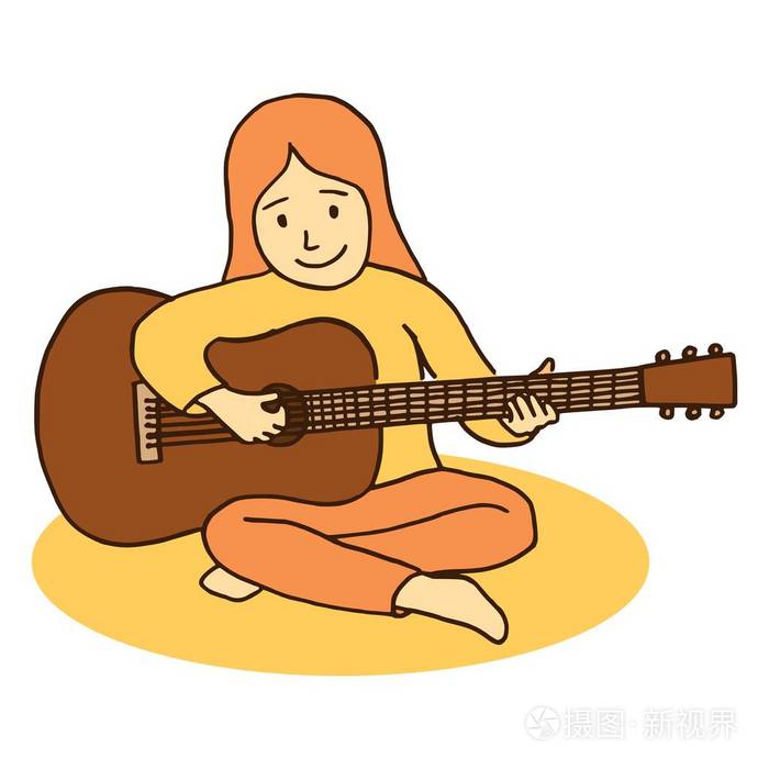 一个坐在草地上弹吉他的年轻女孩的儿童卡通插图