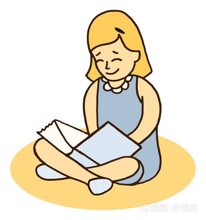 一个年轻的微笑女孩坐在地上看书的矢量卡通风格插图插画-正版商用
