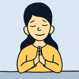 矢量平面风格卡通插图一个小可爱的女孩祈祷与双手折叠