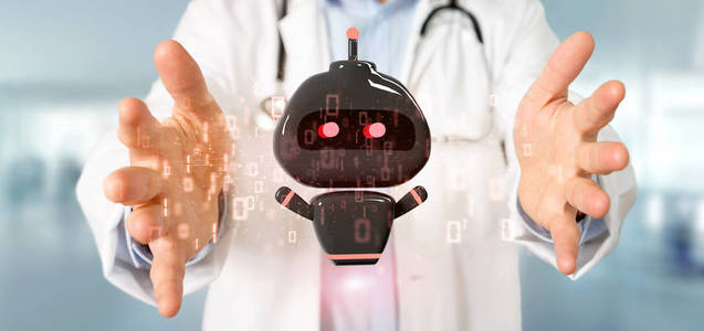 医生持有病毒聊天机器人与二进制代码3d渲染的视图