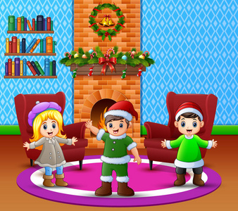 客厅里有圣诞和新年装饰的快乐孩子卡通